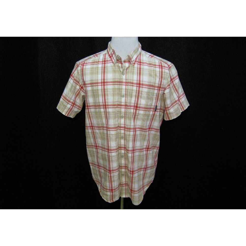 COLUMBIA Men's (Size Medium) Beige Red Plaid Short Sleeve Button Front Shirt Top